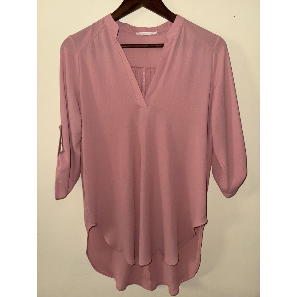 Lush Mauve Pink V-Neck Roll Tab Sleeve High Low Tunic Blouse Top XS